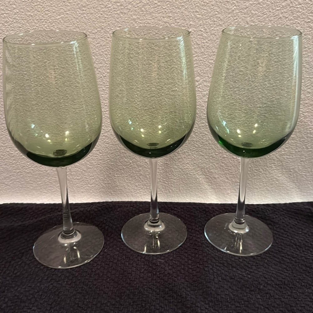 3 Pier 1 Pantiago, hand blown, Green glass wine goblets 16-18 oz